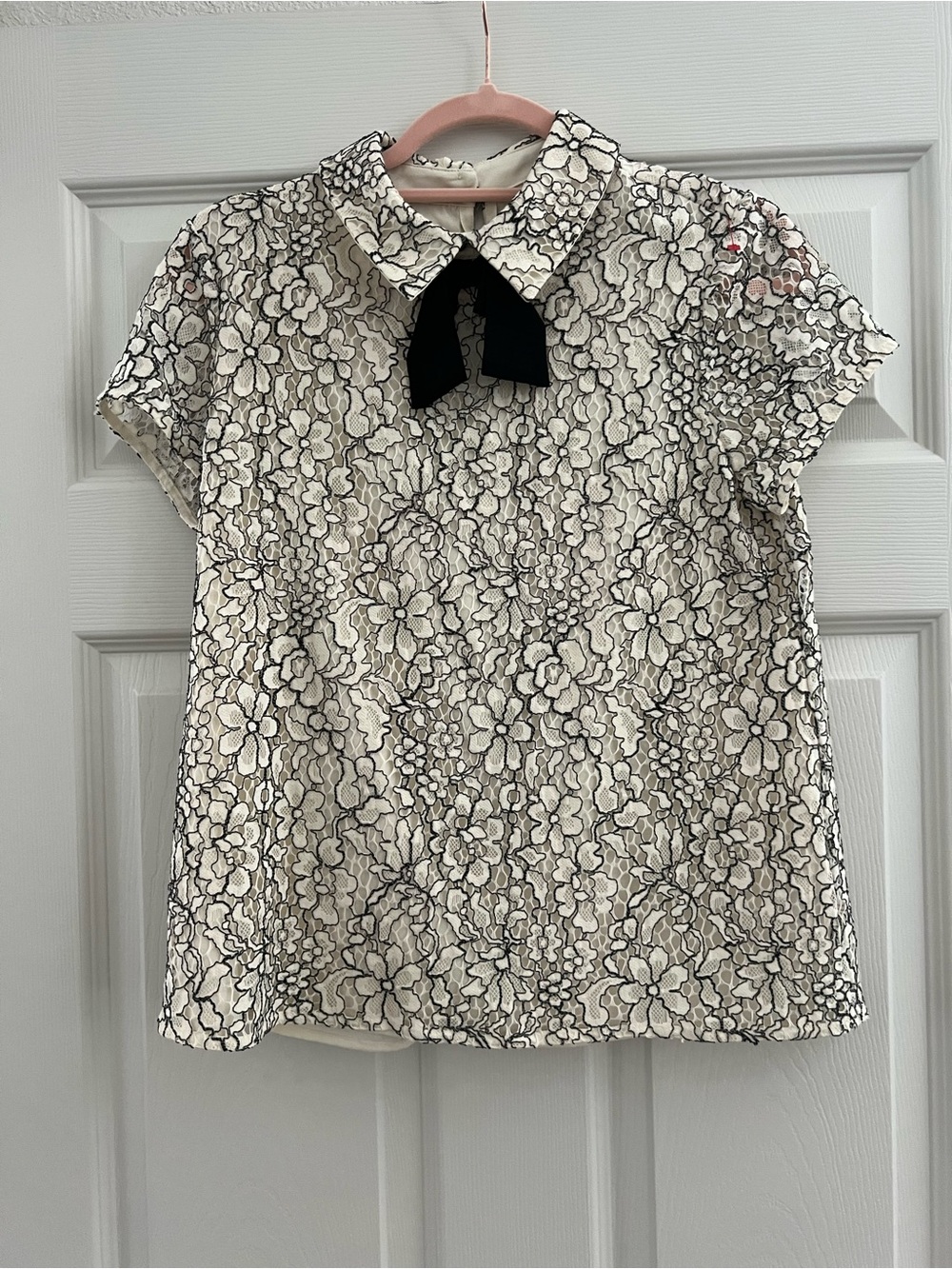 Karl Lagerfeld White Floral Lace Short Sleeve Top with Black Bow